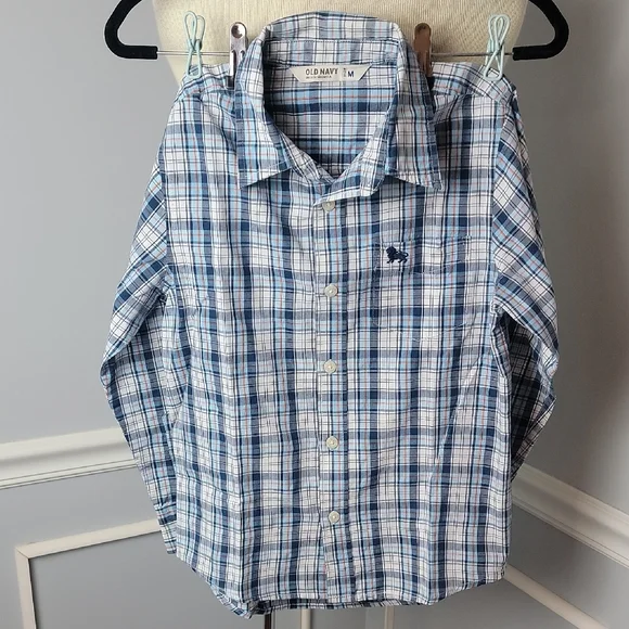 OLD NAVY **3 for $20 item** Boy's‎ Blue Plaid Long Sleeve Button Down Shirt Sz M