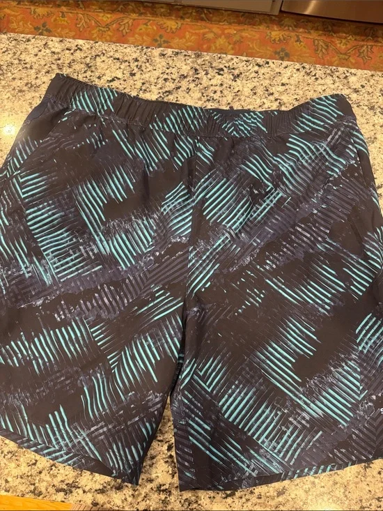 Speedo Black Swim Trunks with Teal Stripe Pattern