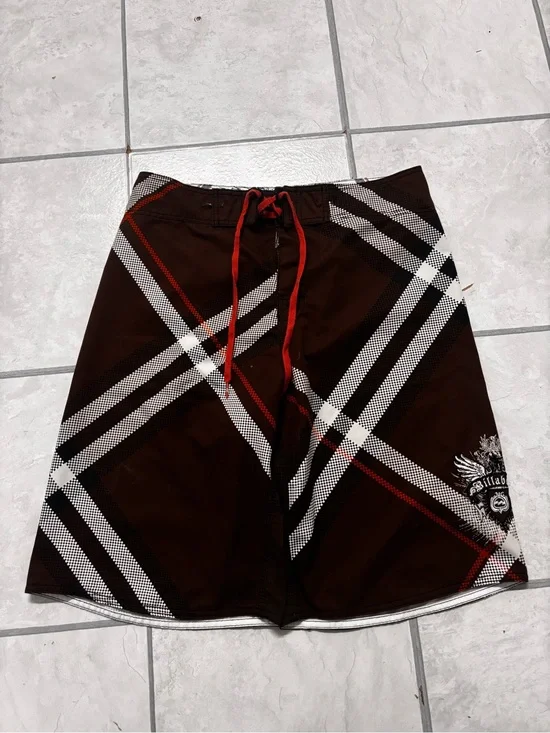 Men's Vintage Brown Plaid PARKO Billabong y2k Board Shorts-34 MEASUREMENTS SHOWN