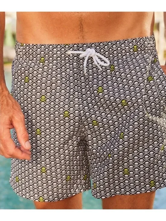Collars and Co Skull Mens Medium Swim Stretch Waist Rivera Trunks Pocket Black