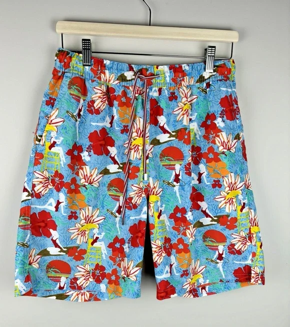 Peter Millar Mens M Floral Swim Trunks Blue Tropical Board Shorts Mesh Lined