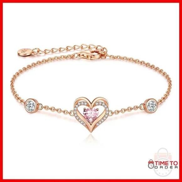 Sterling Silver Heart Charm Bracelet with Birthstone Zirconia, Adjustable Link