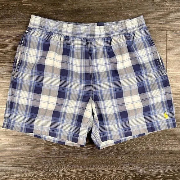 Polo Ralph Lauren Mens Swim Shorts Trunks Blue Plaid‎ XL Lined Resortwear Beach