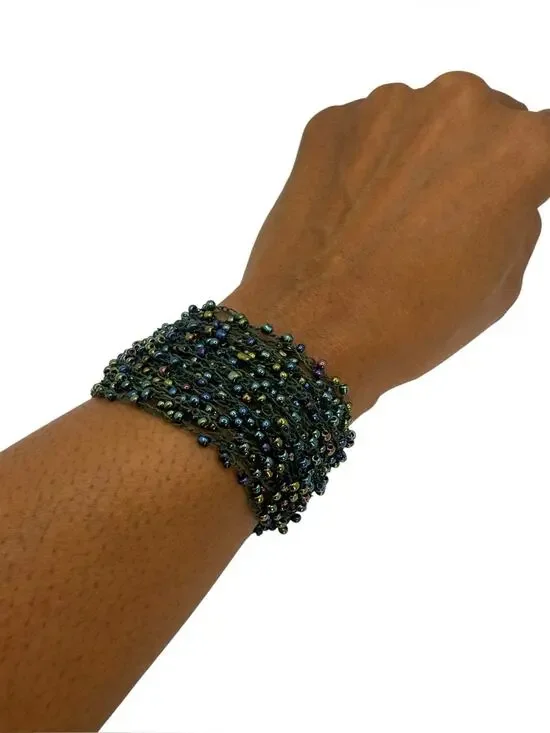 Multistrand Green Beaded Wrap Bracelet with Iridescent Beads