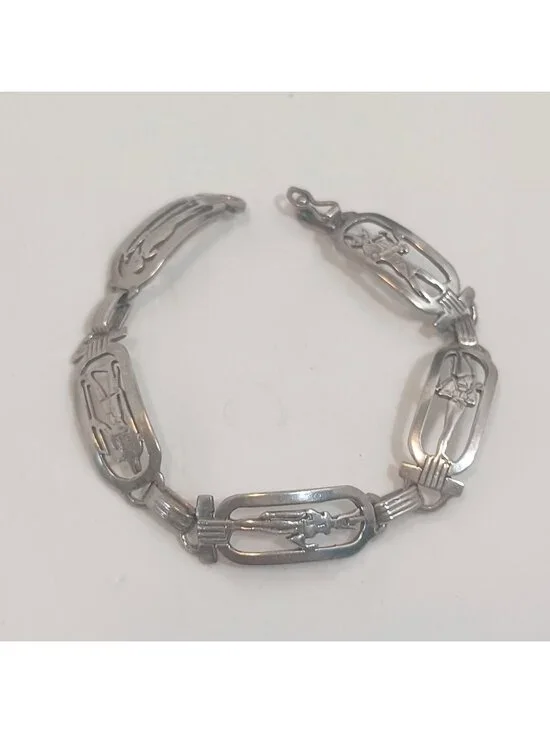925 Sterling Silver Vtg Egyptian Hieroglyphic Storyteller Panel Link Bracelet