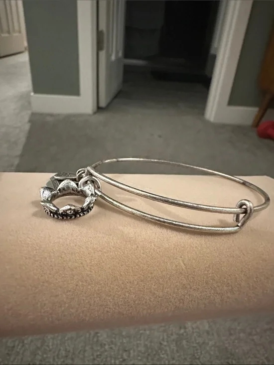 Alex and Ani Silver Tone Double Wire Bangle with Decorative Ring Charm
