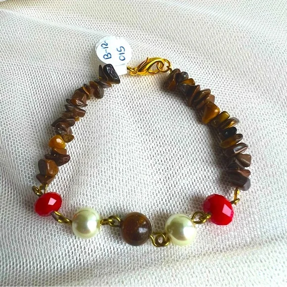 Genuine Tiger Eye Gemstone Faux Pearl  & Red Crystal Bracelet - Handmade NWT