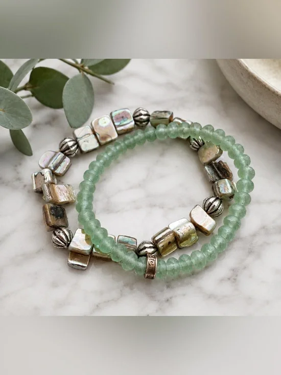 Abalone Shell & Seafoam Green Beaded Bracelet Set
