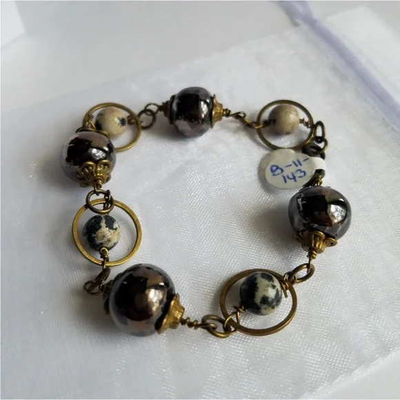 Genuine Dalmatian Jasper Gemstone & Ceramic Beads Brass Mixed Media Bracelet NEW