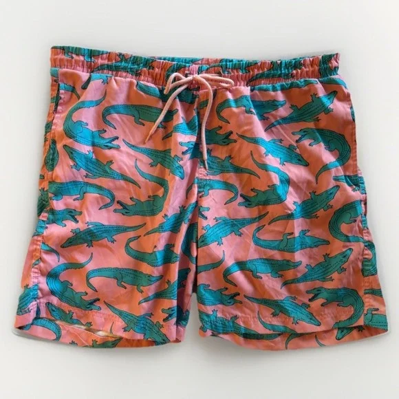 Club Room Mens Alligator Swim Trunks Large Pink Teal‎ Elastic Waist Pockets