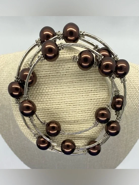 Vintage Wrap Brown Pearl Beaded Bracelet Boho Fall Whimsigoth Eclectic Festival