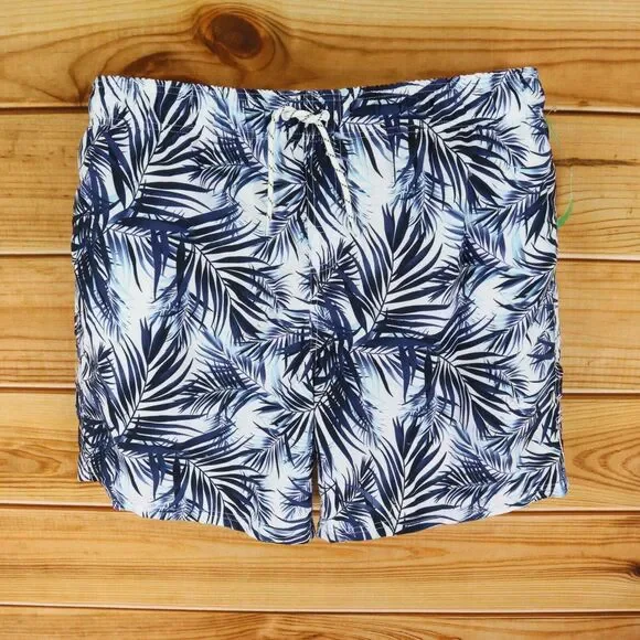 Dip Swim Trunks w/Liner Mens XL‎ Blue White Leaves UPF 50 Pockets Drawstring NWT