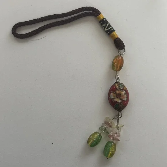Retro Enamel Cloisonné Flower Bead Bag Charm, Asian Cord Tassel