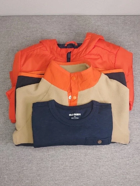 Old Navy 3-Piece Set Orange Quilted Jacket Colorblock Fleece T-Shirt Size 5T NWT