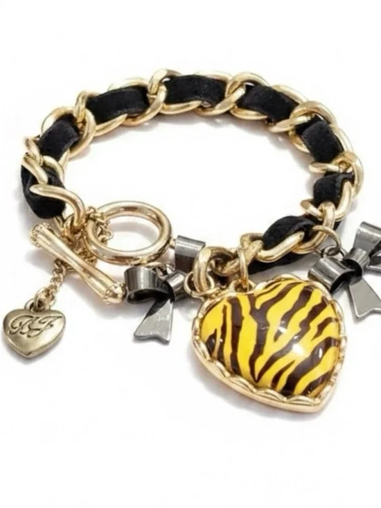 Betsey Johnson Gold Chain Bracelet with Black Leather Weave & Yellow Zebra Heart