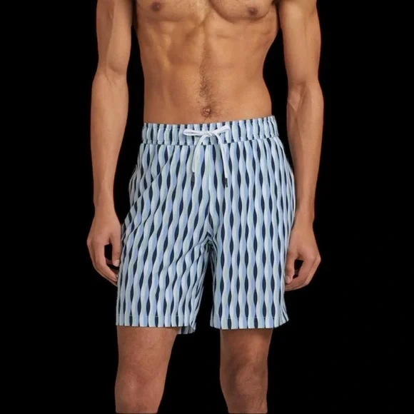 Saks Fifth Avenue NWT XXL Blue Geometric Swim Trunks Drawstring