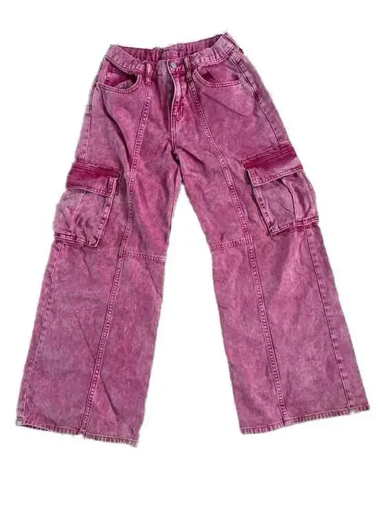 Girls Old Navy Super Baggy Wide-Leg Cargo Jeans in Pink Acid Wash-Girls 14