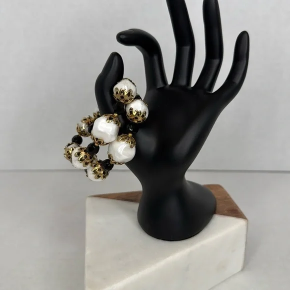 Iconic 1950s Memory Wire Bracelet Black and White with Gold Accents MCM lot C8