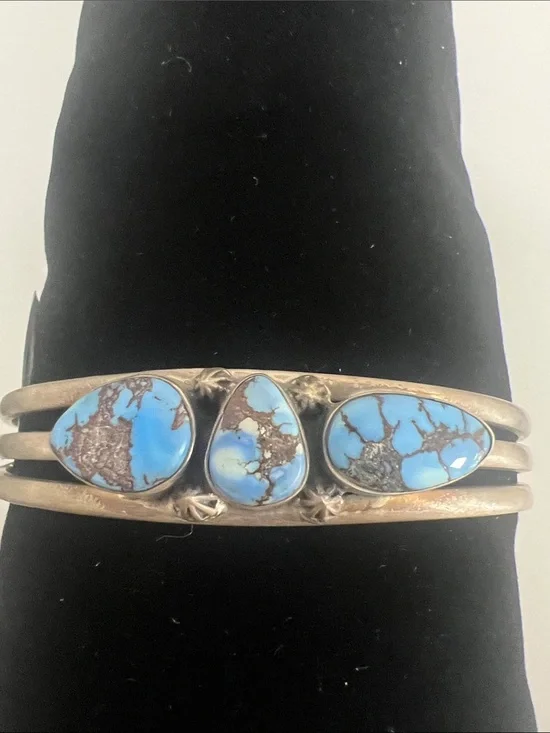 Sterling Silver Turquoise Triple Stone Cuff Bracelet - Golden Hills Turquoise