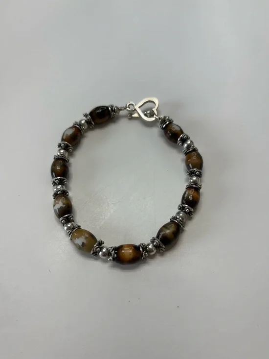 Handcrafted Brown Agate Bead Bracelet with Silver Accents