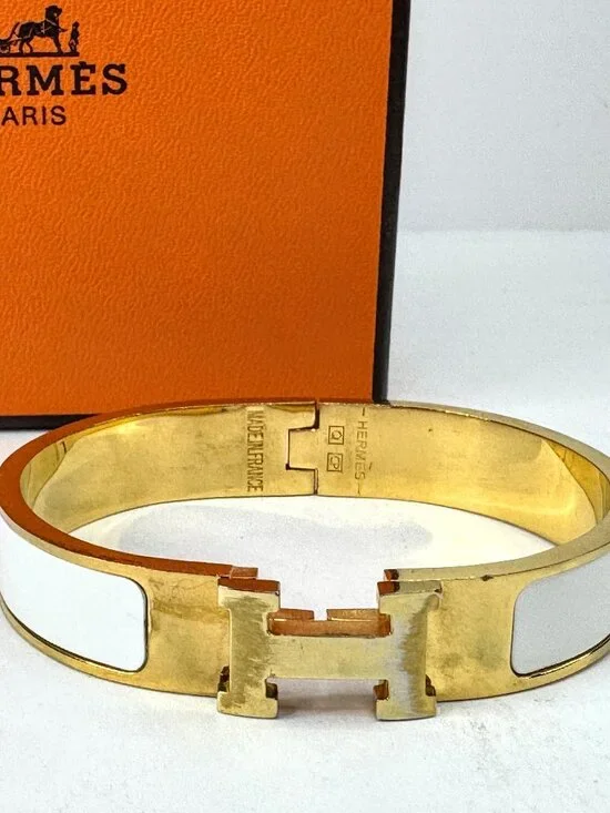 Vintage Hermès Clic H White Enamel Gold Plated Bangle Bracelet GM France GS877