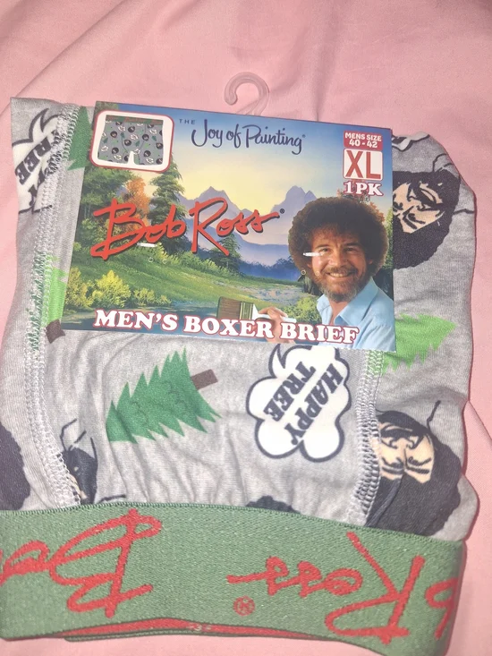 Bob Ross Men's Boxer Briefs in Light Gray with Green Waistband - XL