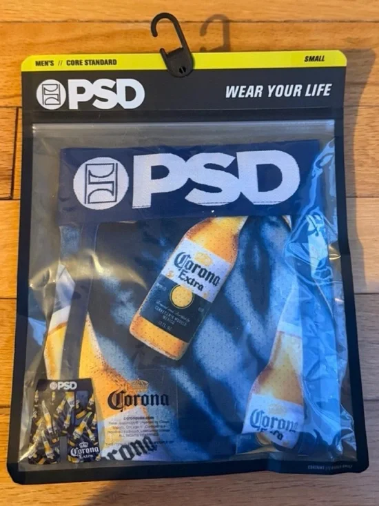 PSD Corona Bottle Print Waistband Boxer Briefs - Blue, Yellow, White