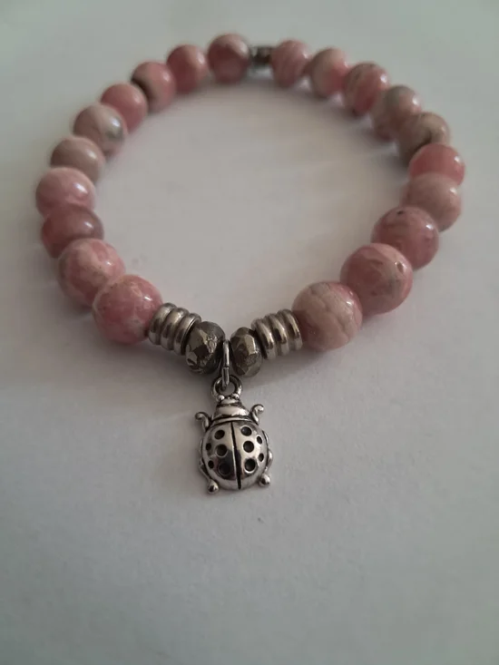 T. Jazelle Rhodochrosite Gemstone Bracelet - Ladybug Charm