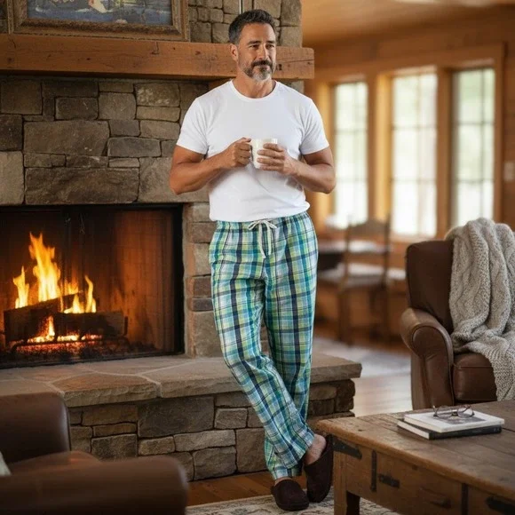 Tommy Bahama Mens XL Pajama Pants Green Blue Plaid Cotton Lounge Sleepwear 2479