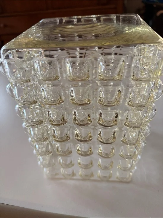 Vintage Crate & Barrel Gridlock Clear Bubble Vase. Small chip. Amber tint.
