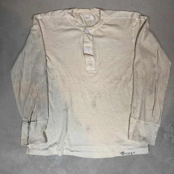70s vietnam military issue Winter Undershirt Wool Cotton Henley Named Large
