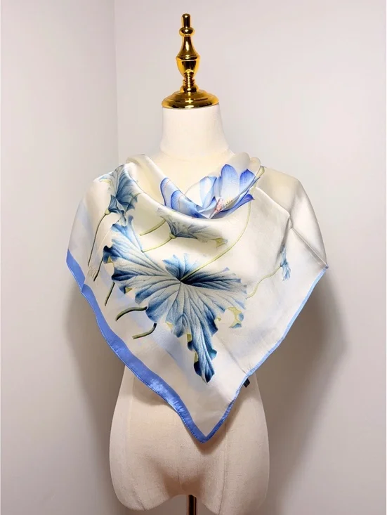 Elegant Blue and White Scarf with Lotus Flower Design, Lightweight