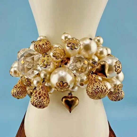 Vintage Cha Cha Bracelet Faux Pearl Filigree Ball Lucite Crystal Heart Expansion