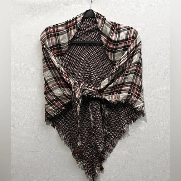 J. Jill Plaid Fringe Scarf Shawl in Cream, Black & Burgundy
