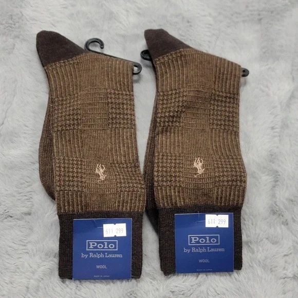Polo Ralph Lauren Wool Socks Mens 10-13 Brown Check Dress Mid Calf Japan 2 Pairs
