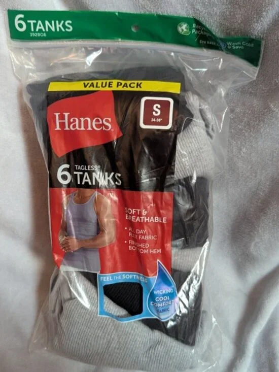 NWT Hanes Men's Ribbed Moisture-Wicking Tank Top Undershirt 6pk - Gray/Black S