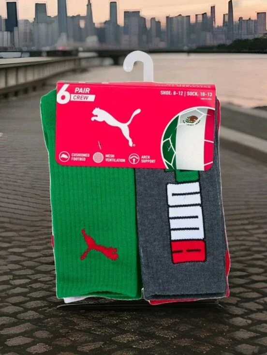 PUMA: MEN'S: (6) PACK: MEXICO: CREW SOCKS: SOCCER: SIZE: 10-12: BRAND NEW