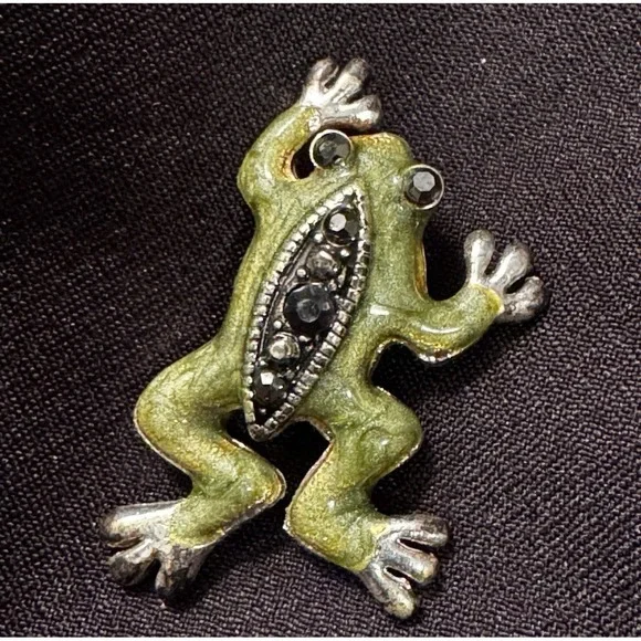 Vintage Style Green Enamel Frog Brooch‎ Black Rhinestone Silver Tone Animal Pin