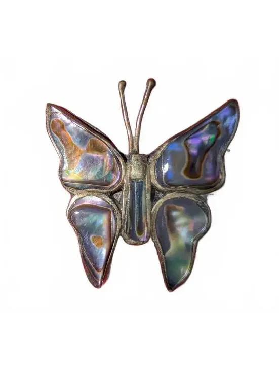 Vintage Alpaca Mexico Abalone Butterfly Brooch Pin