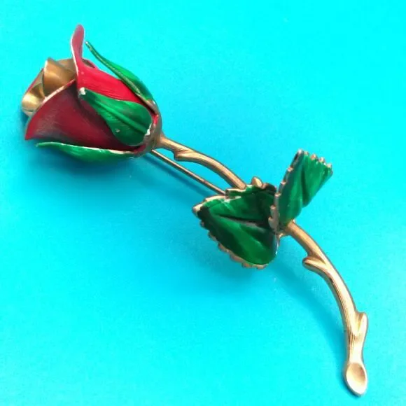 Vintage Rose Brooch Pin Red & Green Enamel Gold Tone Flower Jewelry