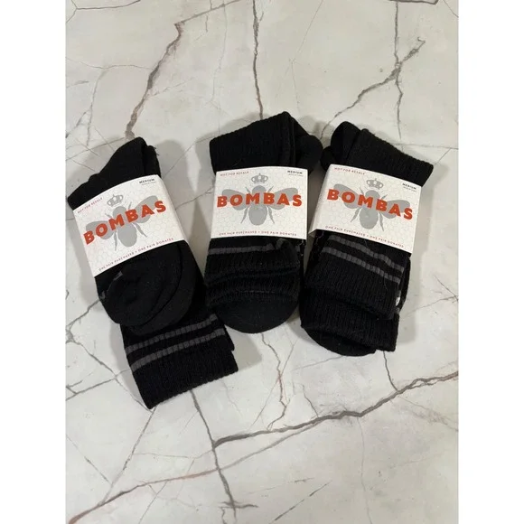 Bombas Mens Crew Socks Medium Black Grey Stripe Honeycomb Arch Support 3 Pair