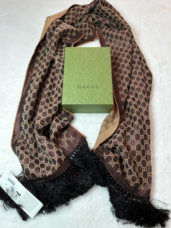 Gucci Brown & Tan GG Logo Scarf with brown Fringe