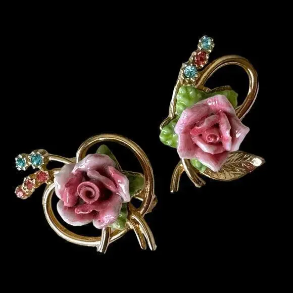 Set of 2 Vintage Coro Ceramic Pink Rose Brooches Rhinestone Gold Tone Floral Pin