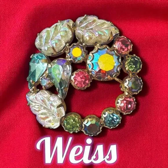 Rudolph Weiss Fruit Salad Glass Leaves AB Rhinestone Gold Wreath Pin Brooch