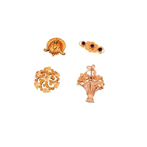 Vintage Brooch Pin Lot 4pc Floral Basket Amber Sunburst Purple Stone Leaf Gold