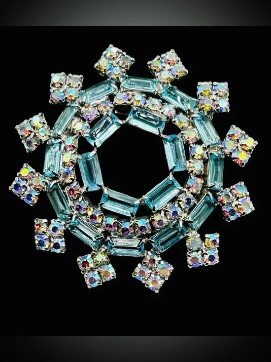 Vintage AB Rhinestone Blue Baguette Circle Brooch