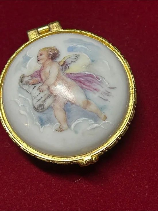 Gold-Tone Porcelain Cherub Compact Locket - White and Pink Accent