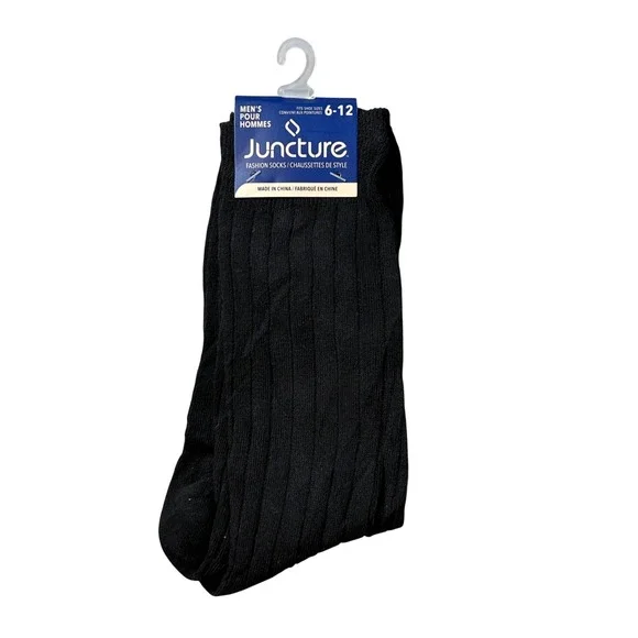 Juncture Fashion Socks‎ Mens 6-12 Black Ribbed Crew Dress Socks New 32455
