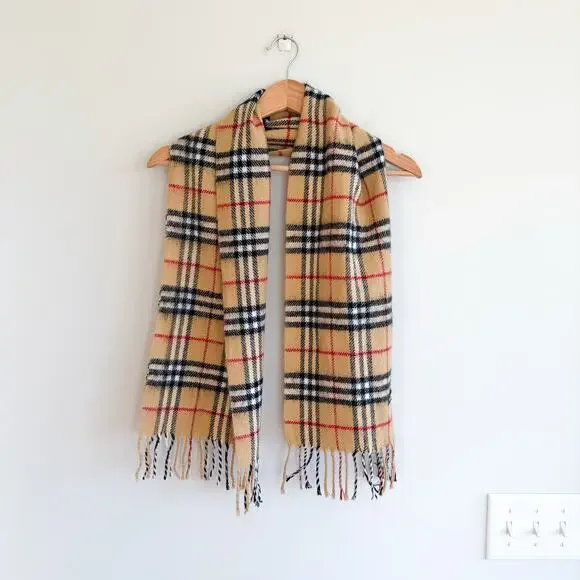 Burberry Nova Checkered Pattern Fringe Rectangle Scarf Brown One Size