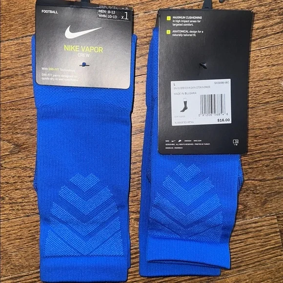NIKE Vapor Crew Football Sock w/DRI-FIT Tech Blue - Large 2Pairs NEW
